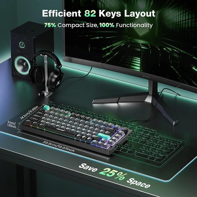 Alt view image 2 of 7 - TECKNET Gaming Keyboard, 75% Wired Keyboard, RGB Backlit, 82-Keys with Volume Knob Control, 26 Keys Anti-ghosting, Whisper Quiet Gaming Switch Travel Friendly for Windows Laptop PC Mac-Grey