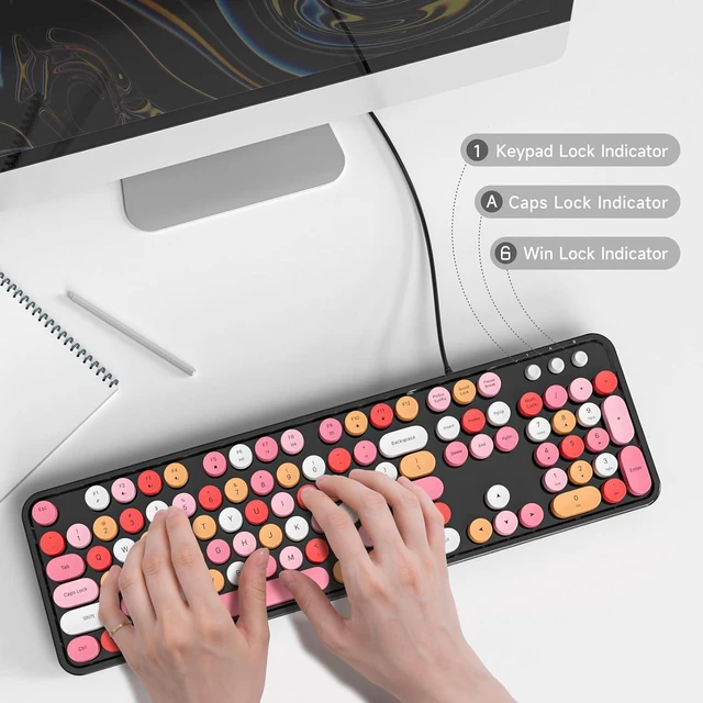 Alt view image 4 of 7 - Dilter Wired Keyboard, 104 Keys Full-Sized Typewriter Keyboards, USB Plug and Play Office Keyboard with Number Pad, Caps Indicators for Windows 7 8 10, PC, Laptop, Desktop (Black Colorful)