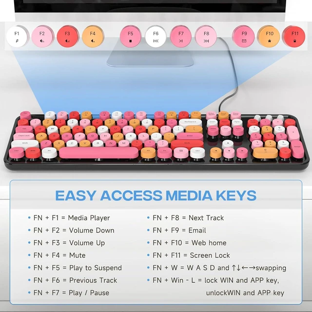 Alt view image 6 of 7 - Dilter Wired Keyboard, 104 Keys Full-Sized Typewriter Keyboards, USB Plug and Play Office Keyboard with Number Pad, Caps Indicators for Windows 7 8 10, PC, Laptop, Desktop (Black Colorful)
