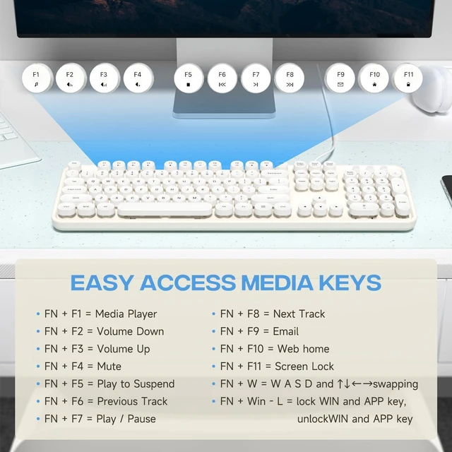 Alt view image 6 of 7 - Dilter USB Wired Computer Keyboard - Full Size Office Keyboard with Number Pad, Caps Indicators, Foldable Stands, for PC Laptop Desktop Windows 7 8 10 (Creamy White)
