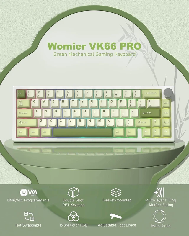 Alt view image 2 of 6 - Womier 60% Gaming Mechanical Keyboard Green QMK/VIA | Creamy Keyboard Wired,Hot Swappable Gasket Mount RGB Key board,PBT Keycaps POM Linear Switch for Windows/MAC (VK66 PRO)