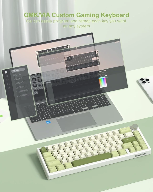 Alt view image 3 of 6 - Womier 60% Gaming Mechanical Keyboard Green QMK/VIA | Creamy Keyboard Wired,Hot Swappable Gasket Mount RGB Key board,PBT Keycaps POM Linear Switch for Windows/MAC (VK66 PRO)