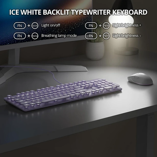 Alt view image 2 of 7 - Full Size Wired Computer Keyboard, Quiet Typewriter Keyboard with Retro Round Keycaps, LED Backlit, Membrane, 104-key for PC, Laptop(Purple)