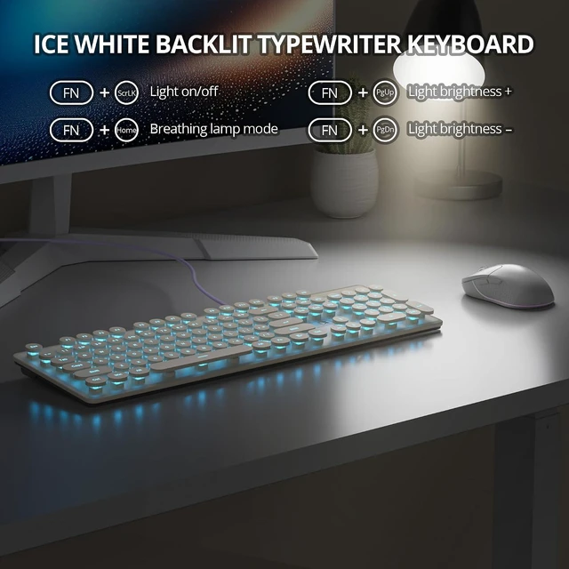 Alt view image 2 of 7 - Full Size Wired Computer Keyboard, Quiet Typewriter Keyboard with Retro Round Keycaps, LED Backlit, Membrane, 104-key for PC, Laptop(Khaqi)