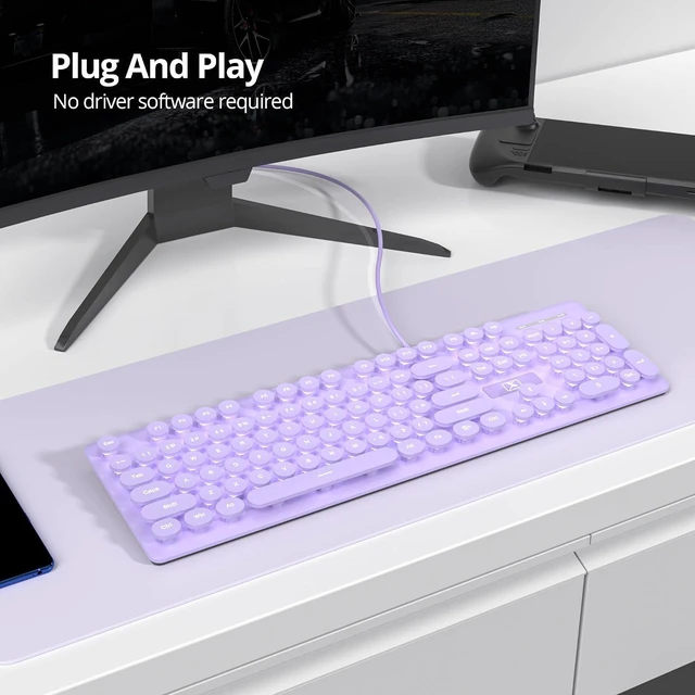 Alt view image 4 of 7 - Full Size Wired Computer Keyboard, Quiet Typewriter Keyboard with Retro Round Keycaps, LED Backlit, Membrane, 104-key for PC, Laptop(Purple)