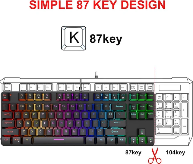 Alt view image 2 of 7 - Gaming Mechanical Keyboard, Ergonomic Design, 87 Keys, Multiple Backlight Effects, 1.5m Cable,USB-A Connector Cable, Rich Shortcut Keys