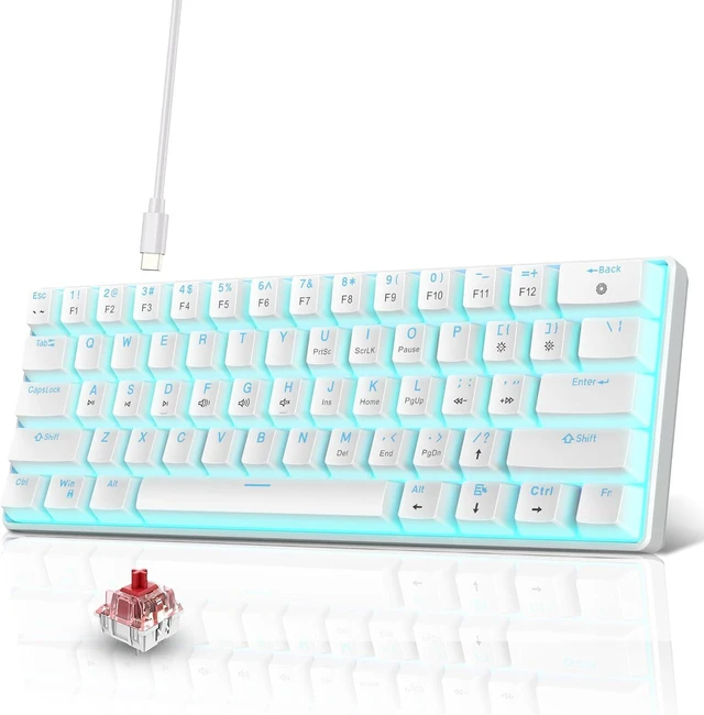 Main image of Snpurdiri Portable 60% Mechanical Gaming Keyboard (White,Red Switches) | Ice Blue LED Backlit 61 Keys Mini Wired Office Keyboard for Windows Laptop PC Mac
