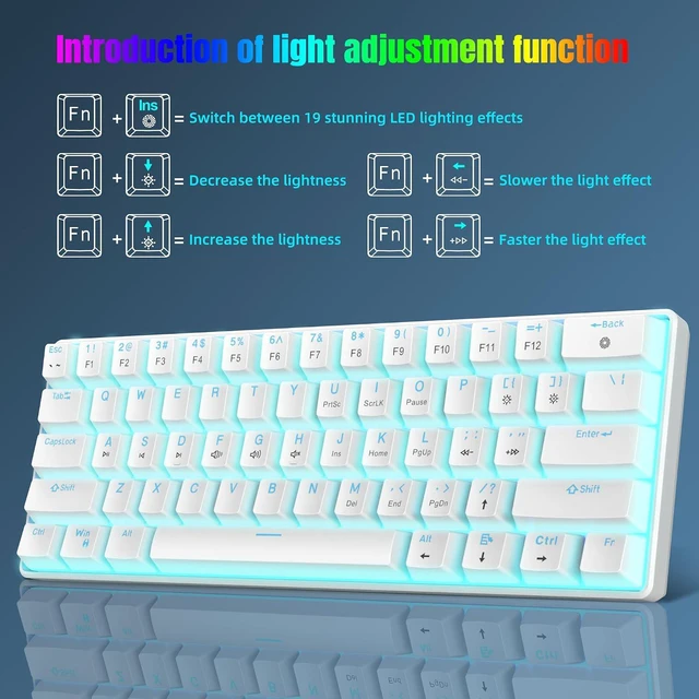 Alt view image 4 of 7 - Snpurdiri Portable 60% Mechanical Gaming Keyboard (White,Red Switches) | Ice Blue LED Backlit 61 Keys Mini Wired Office Keyboard for Windows Laptop PC Mac