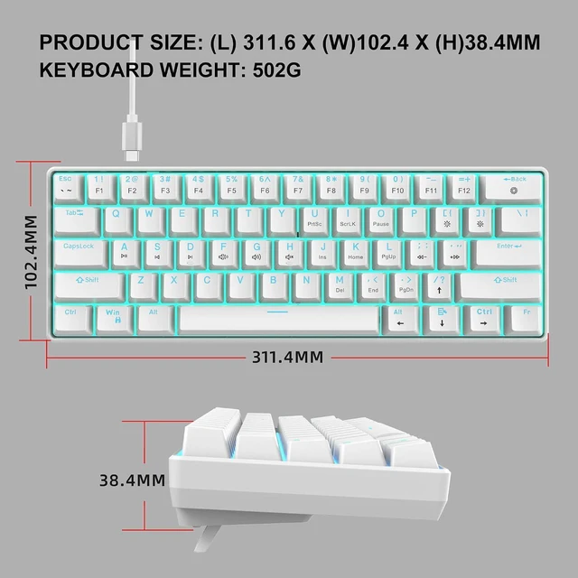 Alt view image 6 of 7 - Snpurdiri Portable 60% Mechanical Gaming Keyboard (White,Red Switches) | Ice Blue LED Backlit 61 Keys Mini Wired Office Keyboard for Windows Laptop PC Mac