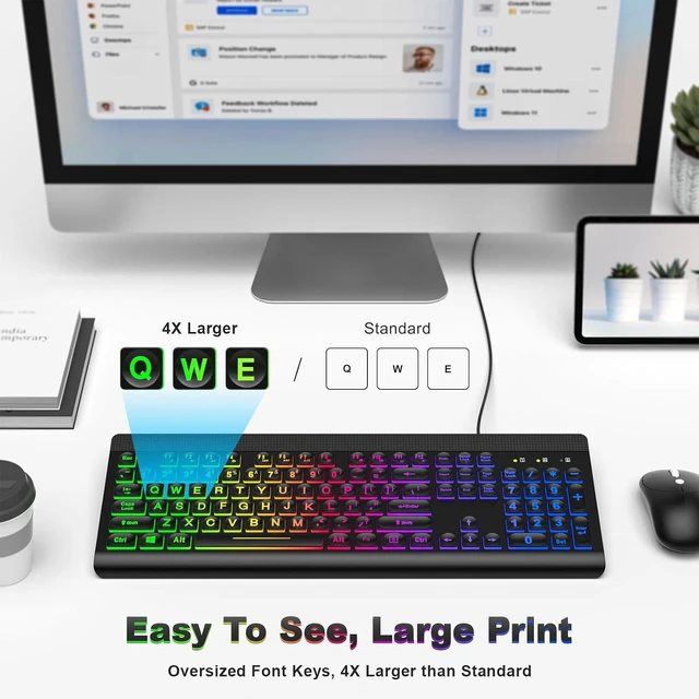 Alt view image 2 of 7 - Atelus Large Print Backlit Keyboard, USB Wired Computer Keyboard, Full Size Keyboard with Rainbow Illuminated LED Compatible for Windows Desktop, Laptop, PC, Gaming, Black