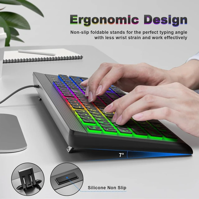 Alt view image 4 of 7 - Atelus Large Print Backlit Keyboard, USB Wired Computer Keyboard, Full Size Keyboard with Rainbow Illuminated LED Compatible for Windows Desktop, Laptop, PC, Gaming, Black