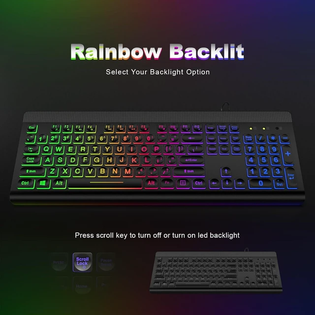 Alt view image 5 of 7 - Atelus Large Print Backlit Keyboard, USB Wired Computer Keyboard, Full Size Keyboard with Rainbow Illuminated LED Compatible for Windows Desktop, Laptop, PC, Gaming, Black