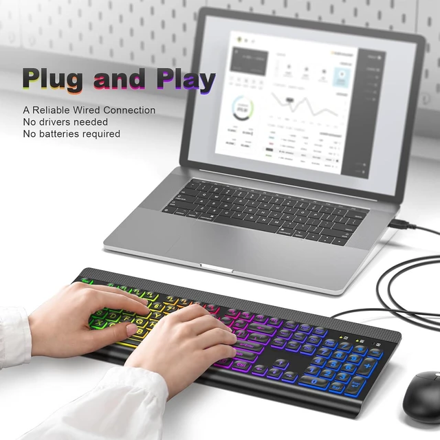 Alt view image 6 of 7 - Atelus Large Print Backlit Keyboard, USB Wired Computer Keyboard, Full Size Keyboard with Rainbow Illuminated LED Compatible for Windows Desktop, Laptop, PC, Gaming, Black