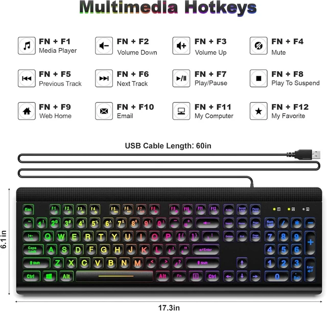 Alt view image 7 of 7 - Atelus Large Print Backlit Keyboard, USB Wired Computer Keyboard, Full Size Keyboard with Rainbow Illuminated LED Compatible for Windows Desktop, Laptop, PC, Gaming, Black