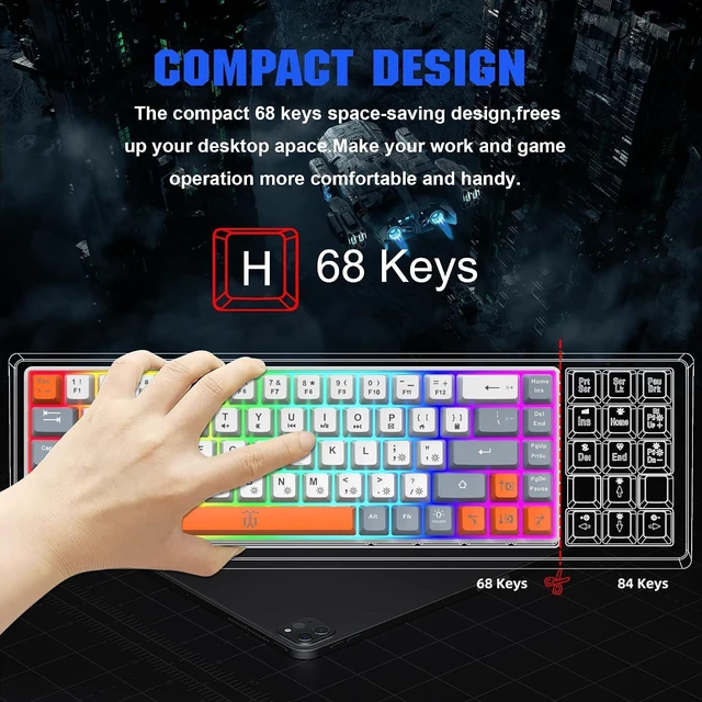 Alt view image 2 of 7 - Snpurdiri 60% Percent Gaming Keyboard (68 Keys, White-Grey-Orange) | Ergonomic Compact RGB Backlit Small Gaming Keyboard for Windows, PC, Laptop