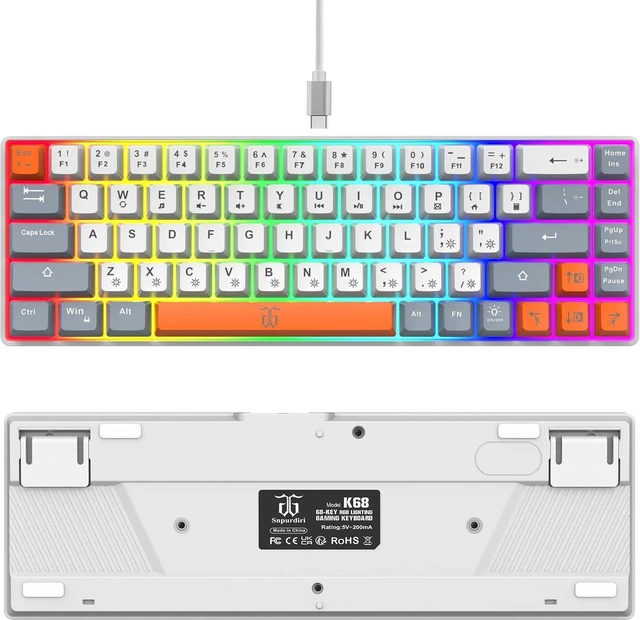 Alt view image 3 of 7 - Snpurdiri 60% Percent Gaming Keyboard (68 Keys, White-Grey-Orange) | Ergonomic Compact RGB Backlit Small Gaming Keyboard for Windows, PC, Laptop