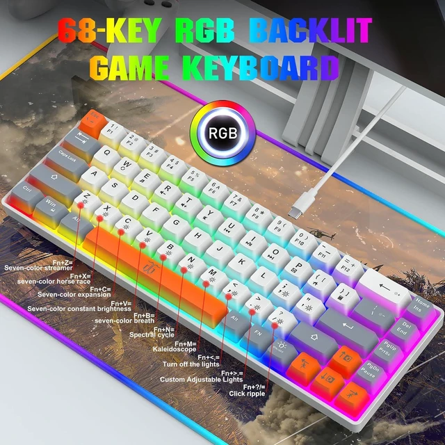Alt view image 7 of 7 - Snpurdiri 60% Percent Gaming Keyboard (68 Keys, White-Grey-Orange) | Ergonomic Compact RGB Backlit Small Gaming Keyboard for Windows, PC, Laptop