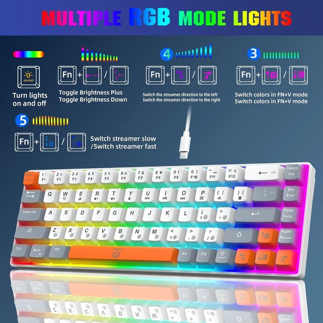 Alt view image 5 of 7 - Snpurdiri 60% Percent Gaming Keyboard (68 Keys, White-Grey-Orange) | Ergonomic Compact RGB Backlit Small Gaming Keyboard for Windows, PC, Laptop
