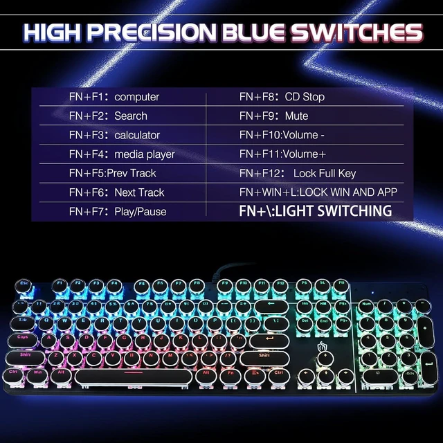 Alt view image 2 of 7 - YSCP Typewriter Style Mechanical Gaming Keyboard RGB Backlit Wired with Blue Switch Retro Round Keycap 104 Keys Keyboard (R-Black)