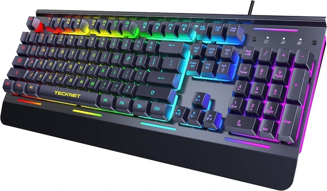 Main image of TECKNET Wired Gaming Keyboard, RGB Backlit Keyboard with Metal Panel Design | 15-Zone RGB Illumination, Whisper Quiet Design, IP32 Water Resistance, 25 Anti-ghosting Keys, Ergonomic Design