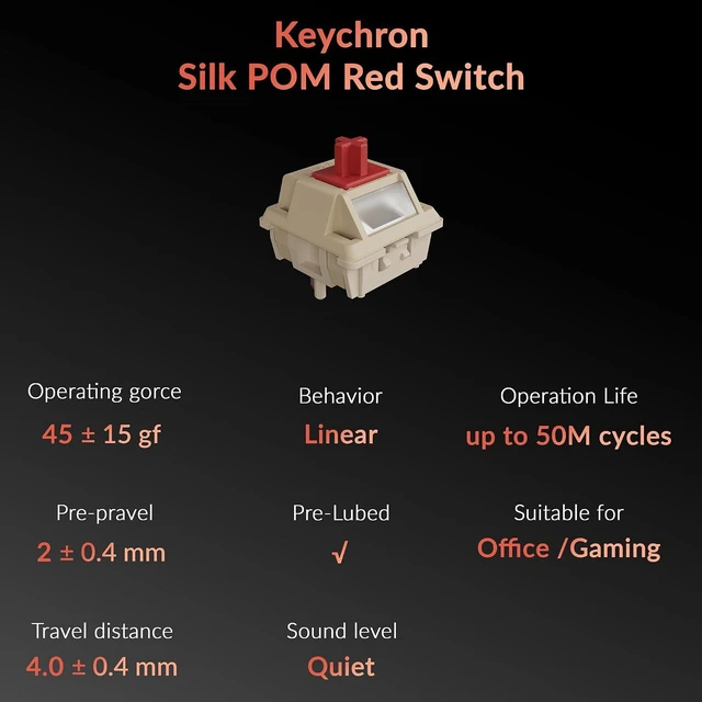 Alt view image 6 of 6 - Keychron Silk POM Linear Red Switches, 110pcs Pre-Lubed Mechanical Keyboard Switch Set, Smooth & Durable, 45gf Actuation, 5-Pin Hot-Swap Compatible, Full POM Housing & Stem