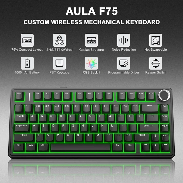 Alt view image 2 of 7 - Aula F75 75% Wireless Mechanical Keyboard, Gasket Mount Hot Swappable Gaming Keyboard with Knob, Tri-Mode BT5.0/2.4G/USB-C, Creamy Thocky Sound Pre-lubed Linear Switch, PBT Keycaps for PC Mac