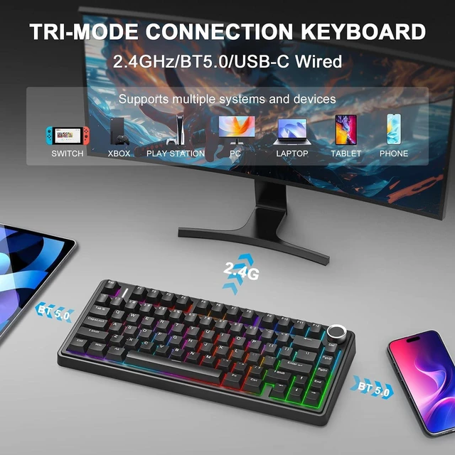 Alt view image 3 of 7 - Aula F75 75% Wireless Mechanical Keyboard, Gasket Mount Hot Swappable Gaming Keyboard with Knob, Tri-Mode BT5.0/2.4G/USB-C, Creamy Thocky Sound Pre-lubed Linear Switch, PBT Keycaps for PC Mac
