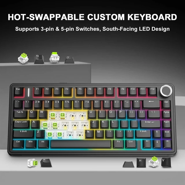 Alt view image 5 of 7 - Aula F75 75% Wireless Mechanical Keyboard, Gasket Mount Hot Swappable Gaming Keyboard with Knob, Tri-Mode BT5.0/2.4G/USB-C, Creamy Thocky Sound Pre-lubed Linear Switch, PBT Keycaps for PC Mac
