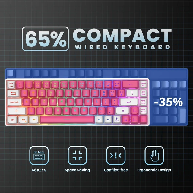 Alt view image 4 of 7 - GEODMAER 65% Gaming Keyboard, LED Backlit Mini Wired Keyboard, Ultra-Compact Anti-Ghosting No-Conflict 68 Keys Membrane Gaming Wired Keyboard for PC Laptop Windows Gamer(Pink-White)