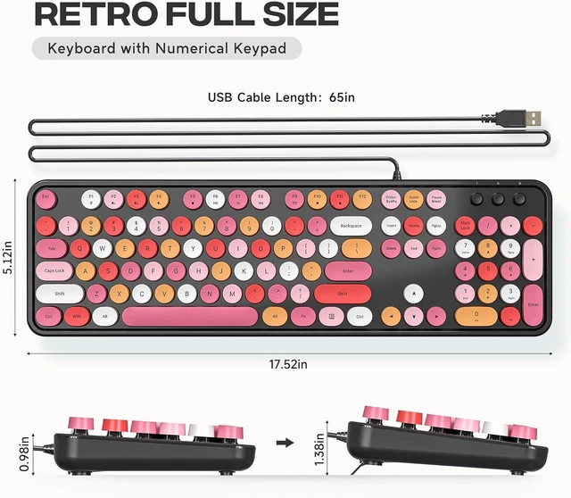 Alt view image 7 of 7 - Atelus USB Wired Computer Keyboard - Retro Typewriter Keyboard - Full Size Office Keyboard with Number Pad, Caps Indicators, Foldable Stands, for PC Laptop Desktop Windows (Black Colorful)