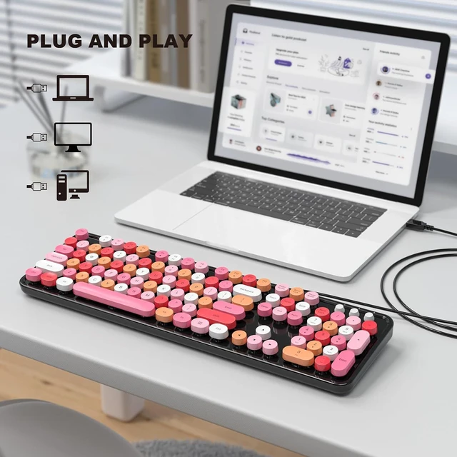 Alt view image 2 of 7 - MOFII Computer Keyboards Wired, Plug Play USB Full Size Typewriter Keyboard, Cute Colorful Aesthetic Keyboard with Foldable Stands for Windows PC Laptop (Black Colorful)