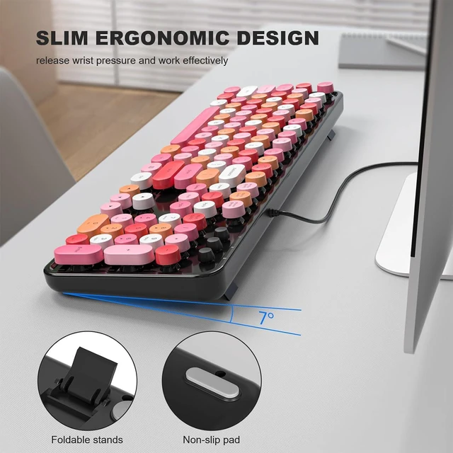 Alt view image 3 of 7 - MOFII Computer Keyboards Wired, Plug Play USB Full Size Typewriter Keyboard, Cute Colorful Aesthetic Keyboard with Foldable Stands for Windows PC Laptop (Black Colorful)