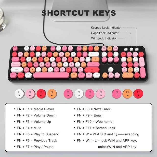 Alt view image 6 of 7 - MOFII Computer Keyboards Wired, Plug Play USB Full Size Typewriter Keyboard, Cute Colorful Aesthetic Keyboard with Foldable Stands for Windows PC Laptop (Black Colorful)