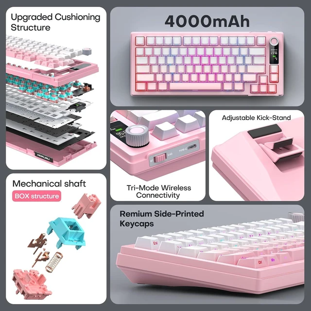 Alt view image 2 of 7 - MOKURU Wireless Mechanical Keyboard, Three Mode BT/2.4G/USB-C, RGB Switching, 75% Key Layout, Volume Adjustment knob, Hot Swappable Shaft Seat, Compatible with Windows, Mac (Pink Gradient)