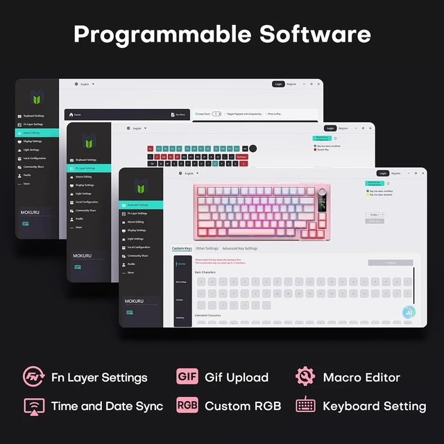 Alt view image 5 of 7 - MOKURU Wireless Mechanical Keyboard, Three Mode BT/2.4G/USB-C, RGB Switching, 75% Key Layout, Volume Adjustment knob, Hot Swappable Shaft Seat, Compatible with Windows, Mac (Pink Gradient)