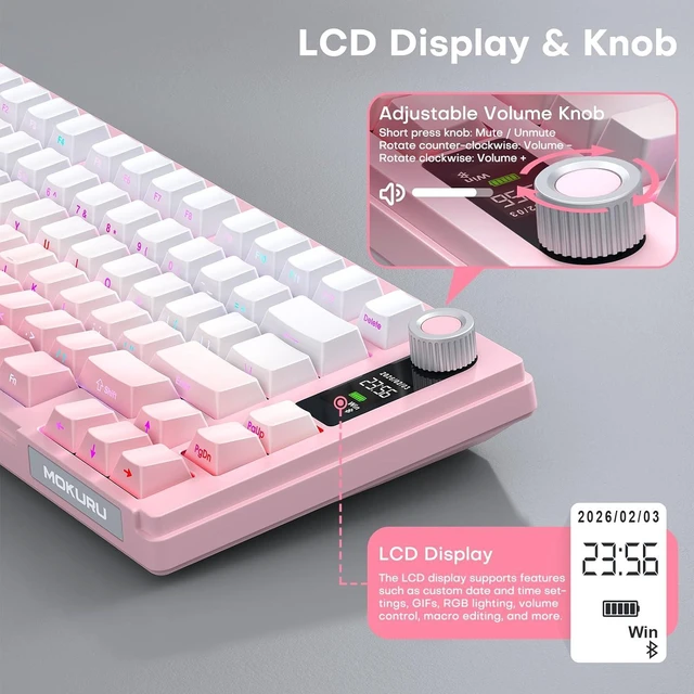 Alt view image 4 of 7 - MOKURU Wireless Mechanical Keyboard, Three Mode BT/2.4G/USB-C, RGB Switching, 75% Key Layout, Volume Adjustment knob, Hot Swappable Shaft Seat, Compatible with Windows, Mac (Pink Gradient)