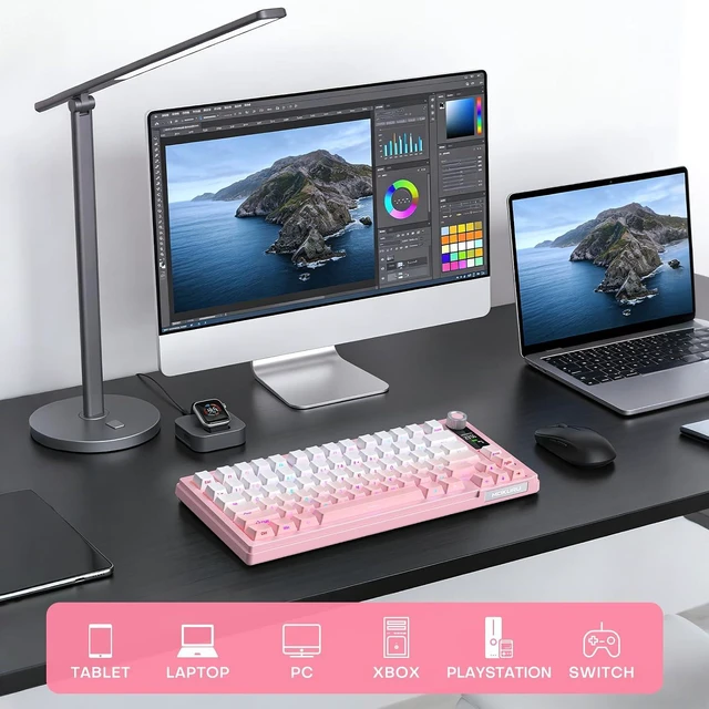 Alt view image 6 of 7 - MOKURU Wireless Mechanical Keyboard, Three Mode BT/2.4G/USB-C, RGB Switching, 75% Key Layout, Volume Adjustment knob, Hot Swappable Shaft Seat, Compatible with Windows, Mac (Pink Gradient)