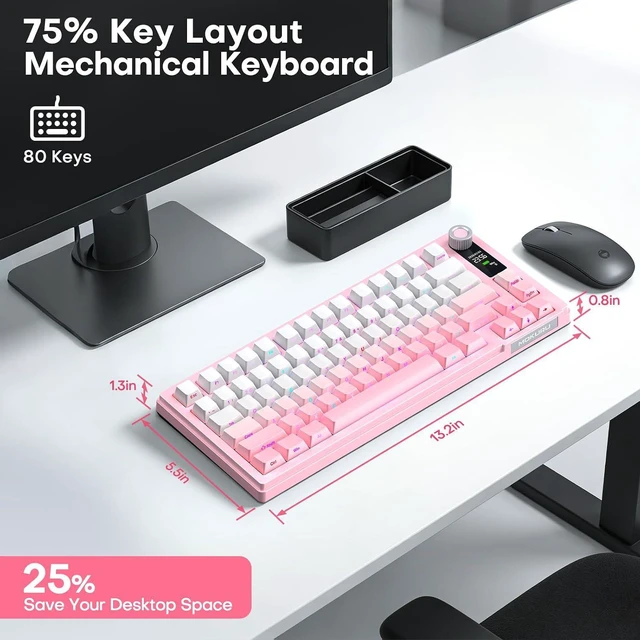 Alt view image 7 of 7 - MOKURU Wireless Mechanical Keyboard, Three Mode BT/2.4G/USB-C, RGB Switching, 75% Key Layout, Volume Adjustment knob, Hot Swappable Shaft Seat, Compatible with Windows, Mac (Pink Gradient)