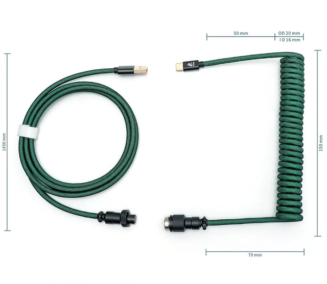 Alt view image 2 of 6 - FormulaMod USB C Coiled Keyboard Cable for Mechanical Keyboard, Coiled USB Aviator Cable for Keyboard, Pro Double Sleeved Cable with Organizer Zipper Box (Green)