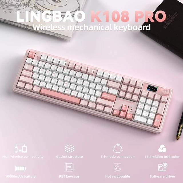 Alt view image 2 of 7 - LINGBAO K108 Pro Wireless Mechanical Pink Creamy Keyboard with Number Pad | Full Size Mechanical Keyboard with 10000mAh Battery, PBT Keycaps, Gasket Mount, RGB Backlit Hot-swap Custom Keyboard for PC