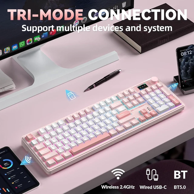 Alt view image 3 of 7 - LINGBAO K108 Pro Wireless Mechanical Pink Creamy Keyboard with Number Pad | Full Size Mechanical Keyboard with 10000mAh Battery, PBT Keycaps, Gasket Mount, RGB Backlit Hot-swap Custom Keyboard for PC
