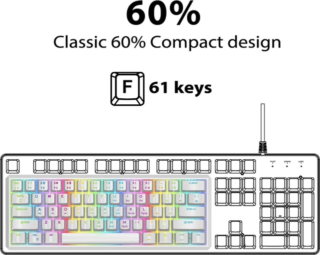 Alt view image 2 of 7 - Snpurdiri 60% Wired Mechanical Gaming Keyboard (White, Red Switches) | RGB Backlit 61 keys Small Gaming Keyboard for Windows Laptop PC Mac
