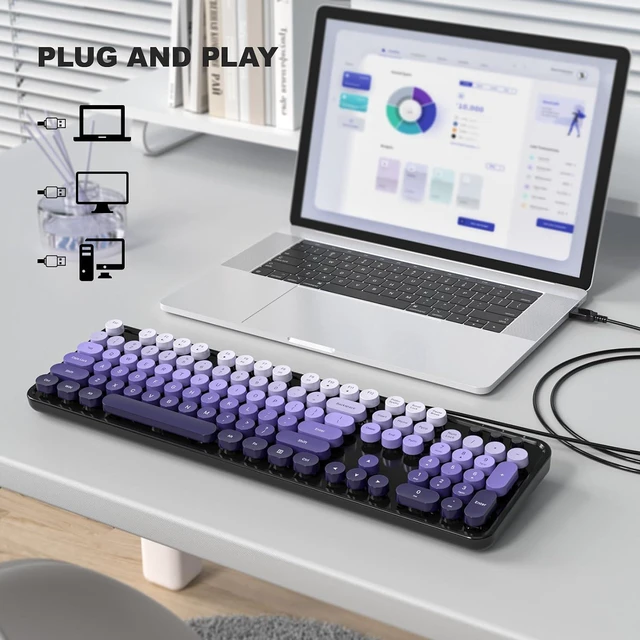 Alt view image 2 of 7 - Atelus Computer Keyboard Wired, Retro USB Keyboard with Large Number Pad, Caps Indicators, Foldable Stands, Full Size Typewriter Keyboard for Windows PC Laptop (Black Purple)