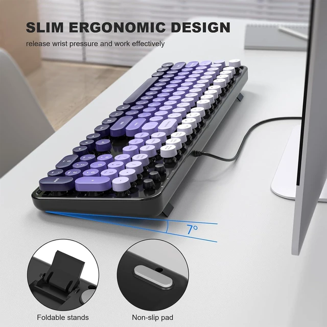 Alt view image 3 of 7 - Atelus Computer Keyboard Wired, Retro USB Keyboard with Large Number Pad, Caps Indicators, Foldable Stands, Full Size Typewriter Keyboard for Windows PC Laptop (Black Purple)