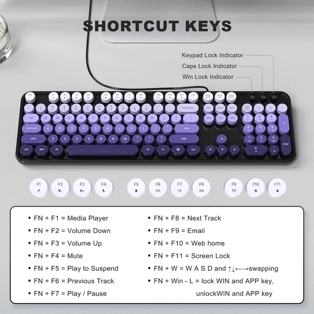 Alt view image 4 of 7 - Atelus Computer Keyboard Wired, Retro USB Keyboard with Large Number Pad, Caps Indicators, Foldable Stands, Full Size Typewriter Keyboard for Windows PC Laptop (Black Purple)