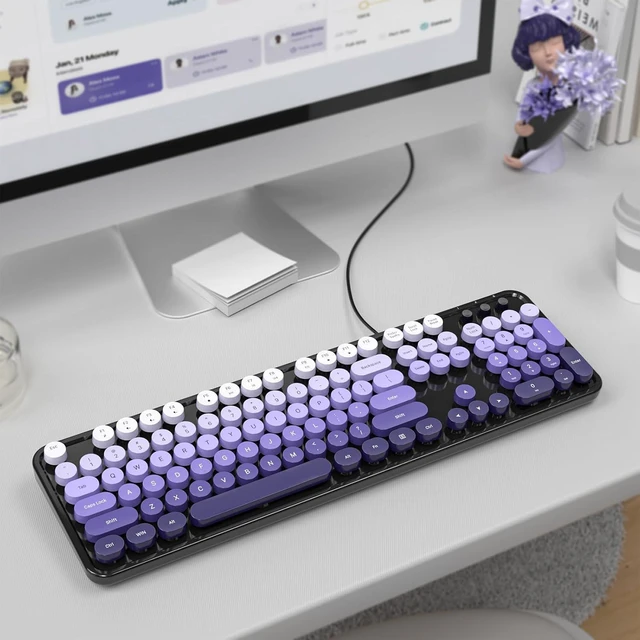 Alt view image 6 of 7 - Atelus Computer Keyboard Wired, Retro USB Keyboard with Large Number Pad, Caps Indicators, Foldable Stands, Full Size Typewriter Keyboard for Windows PC Laptop (Black Purple)
