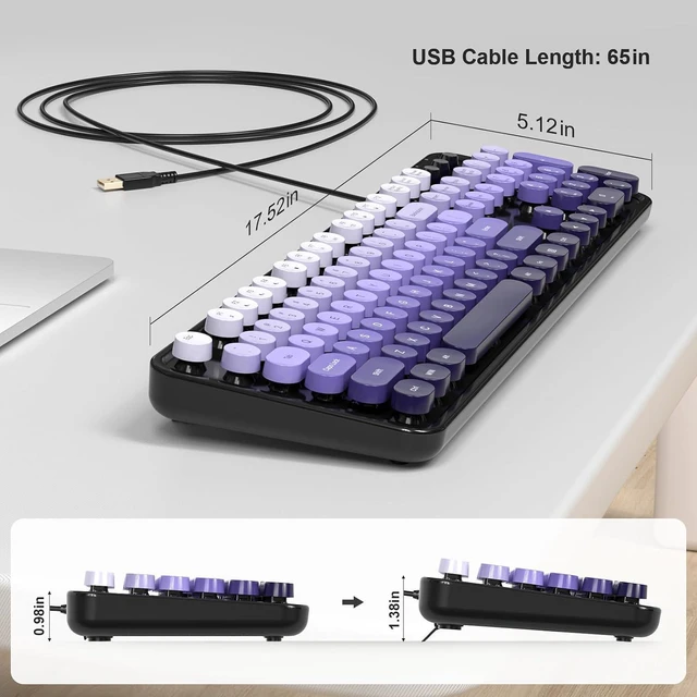 Alt view image 7 of 7 - Atelus Computer Keyboard Wired, Retro USB Keyboard with Large Number Pad, Caps Indicators, Foldable Stands, Full Size Typewriter Keyboard for Windows PC Laptop (Black Purple)