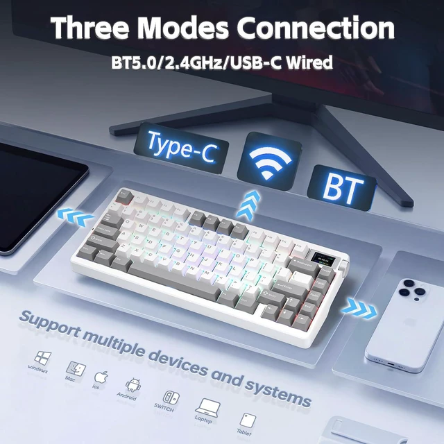 Alt view image 3 of 7 - X Aula Nova75 Mechanical Wireless Gaming Keyboard,Gasket Mounted with 75% Compact Layout,RGB Backlit,Custom Hot Swappable/2.4GHz/USB-C,Gaming or Typing for Win/Mac/iOS/Android(4 Modes 8000mAh)