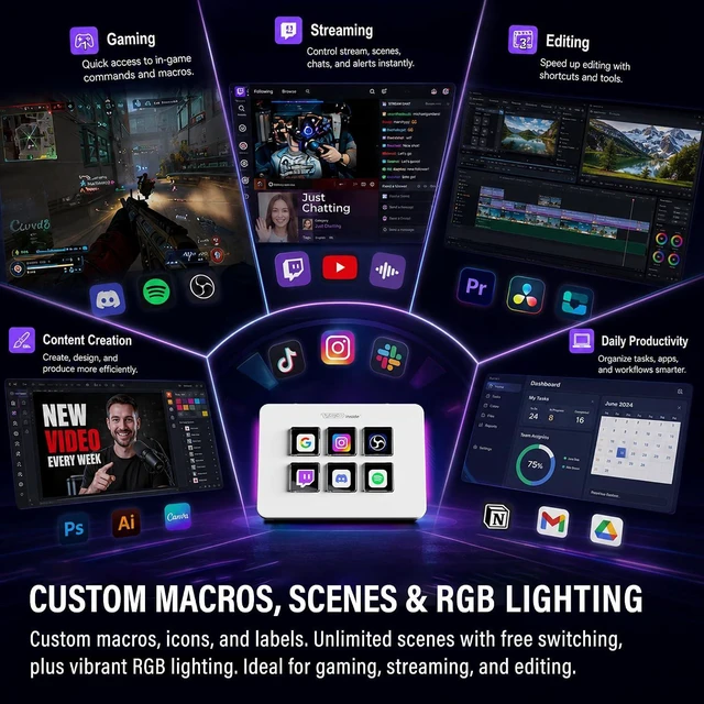 Alt view image 2 of 7 - Mini Stream Controller Deck, Gaming Streaming Macro Pad Keypad, Shortcut Keyboard with 6 Programmable LCD Keys, Customizable Icons & RGB Light, USB Soundboard for Video Editing, OBS, PC, Mac