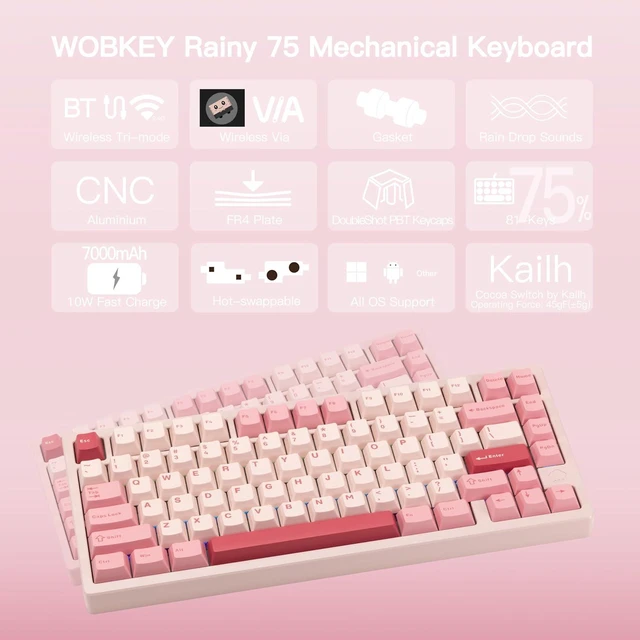 Alt view image 2 of 6 - KEEBMONKEY WOBKEY Rainy 75 Aluminum Violet/Cocoa Switches Mechanical Keyboard with Superior Acoustics, Wired, BT, 2.4G Wireless Connectivity, RGB/FR4/Silver SUS304/7000mAh/Cocoa Switch (Pro - Pink)